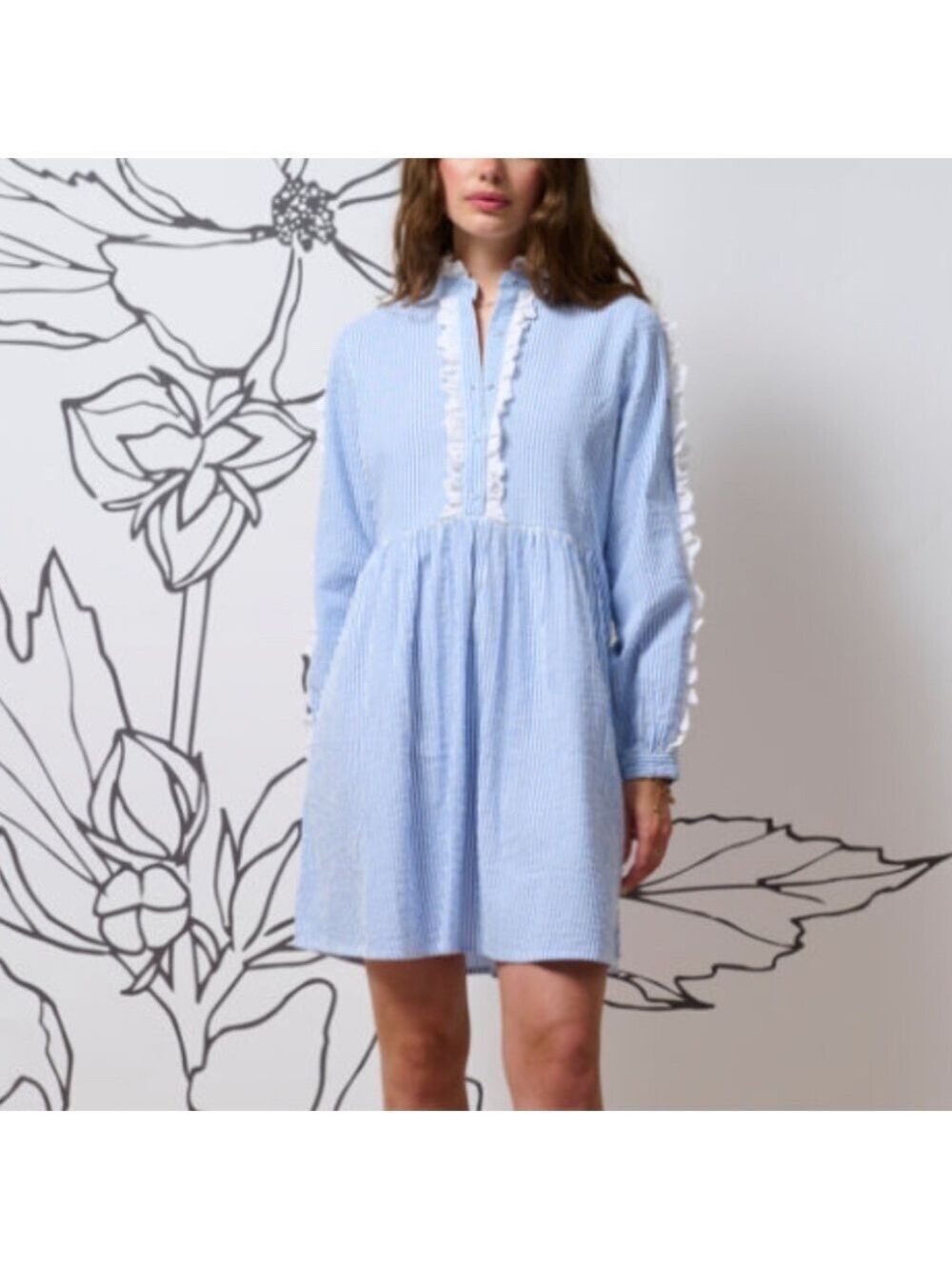 Atelier Reve Light Blue Stripe Long Sleeve Dress size 34 Small
